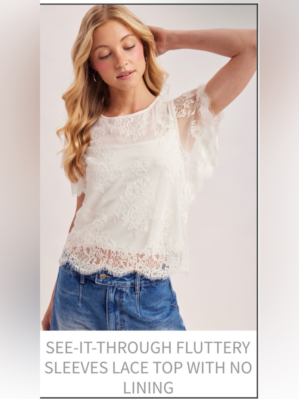 Bluivy See It Through Fluttery Sleeves White Lace Women's Top With No Lining